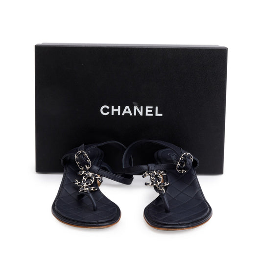 Chanel Black Quilted Calfskin Leather Chain CC T-Strap Sandals, Size 40