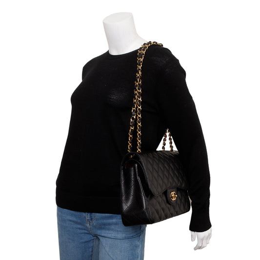 Chanel Black Quilted Caviar Leather Classic Jumbo Double Flap Bag