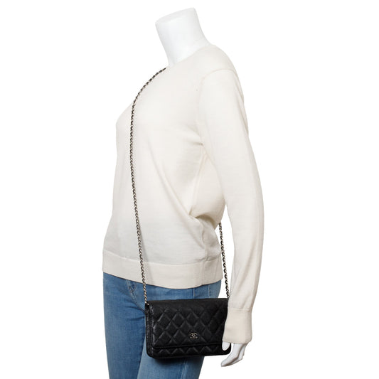 Chanel Black Quilted Caviar Leather Classic Wallet on Chain
