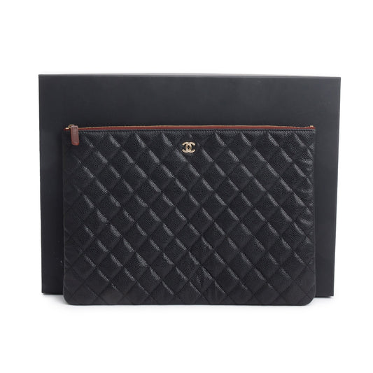 Chanel Black Quilted Caviar Leather Large O-Case Clutch