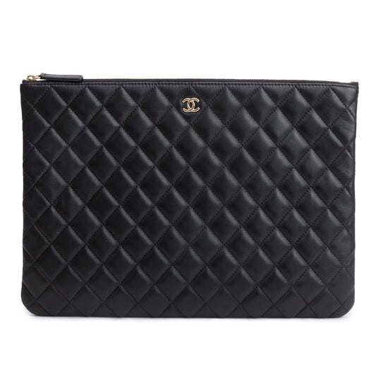 Chanel Black Quilted Lambskin Leather Large O-Case Clutch