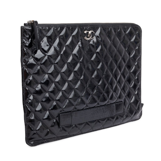 Chanel Black Quilted Patent Leather Laptop Pouch