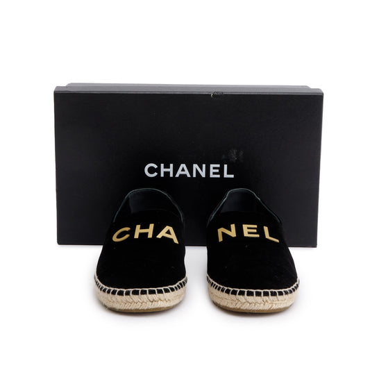 Chanel Black Velvet Graphic Logo Espadrilles, Size 38