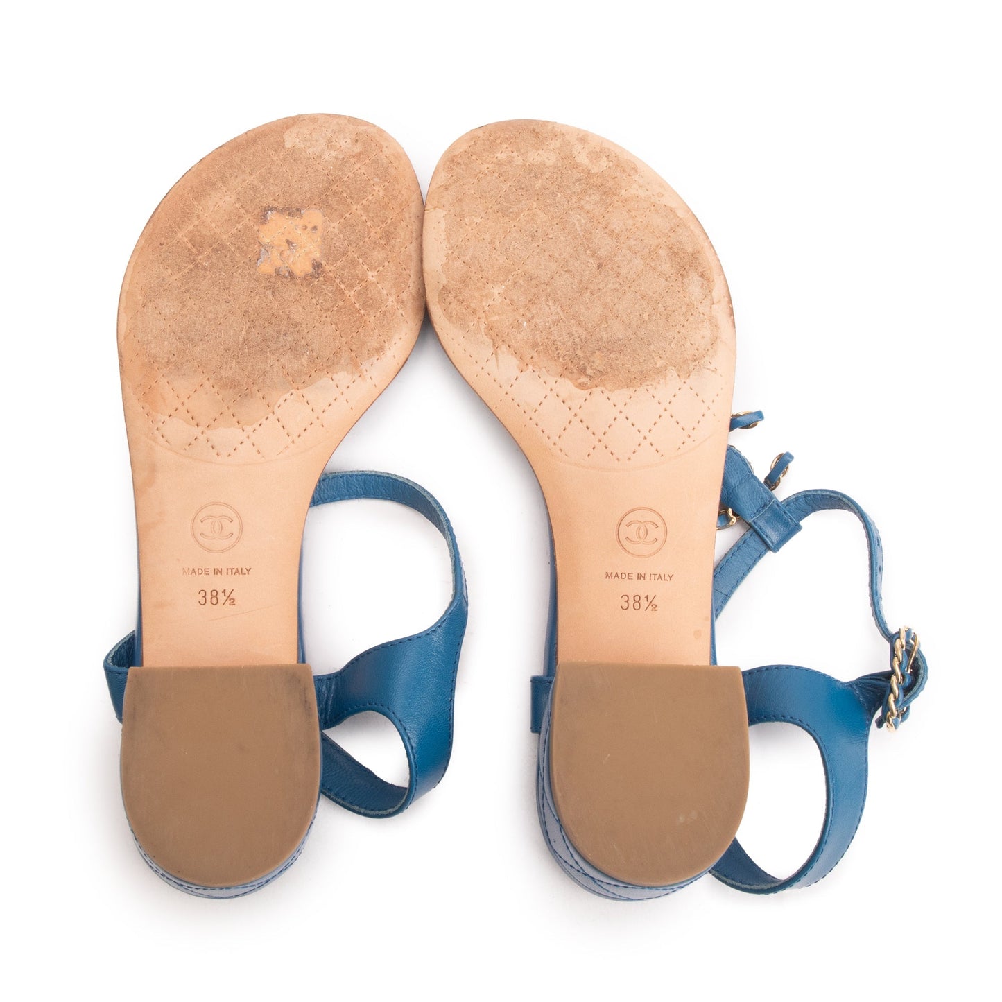 Chanel Blue Calfskin Leather Chain CC T-Strap Sandals, Size 38.5