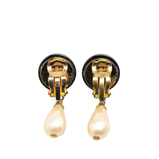 Chanel Gold Plated CC Faux Pearl Swing Clip On Earrings