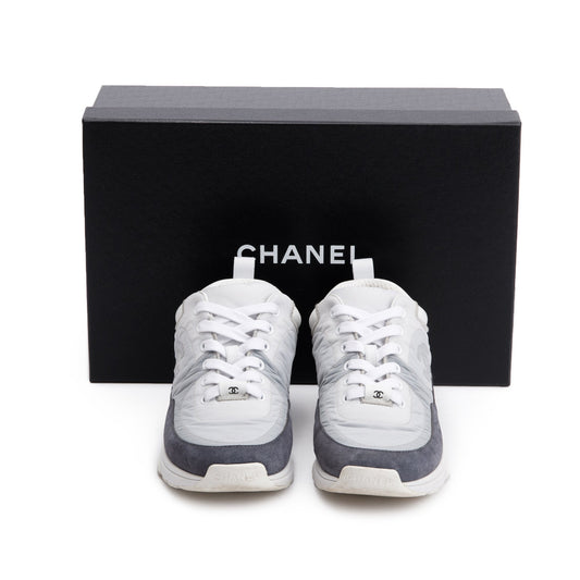 Chanel Grey/White Calfskin Nylon Suede CC Logo Sneakers, Size 37