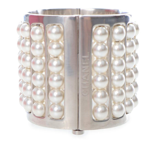 Chanel Silver Plated Wide Pearl Cuff Bracelet