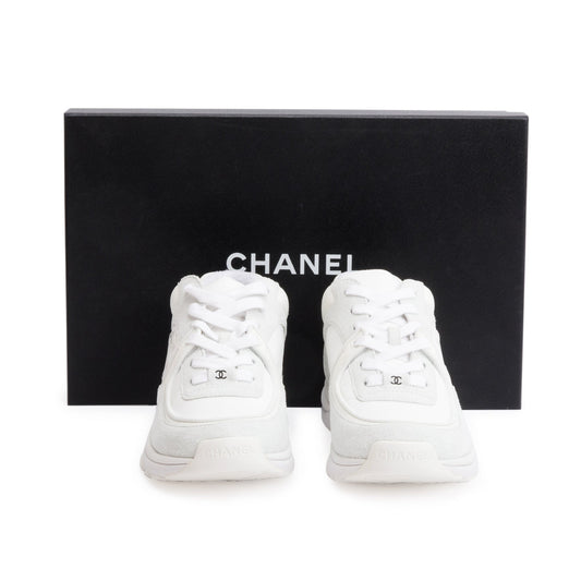 Chanel White Calfskin Nylon Suede CC Logo Sneakers, Size 37.5