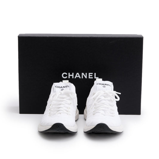 Chanel White Fabric Knit Sock Logo Sneakers, Size 37.5
