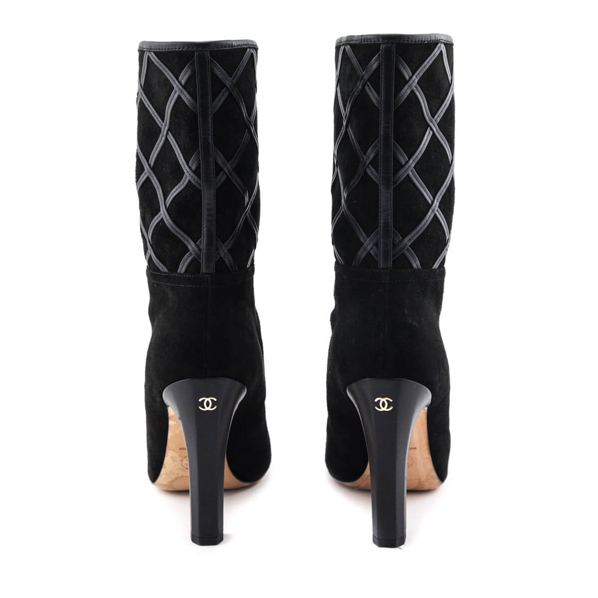 Chanel Black Suede & Leather Diamond Stitch Mid-Calf CC Boots Size US 8.5 | EU 38.5