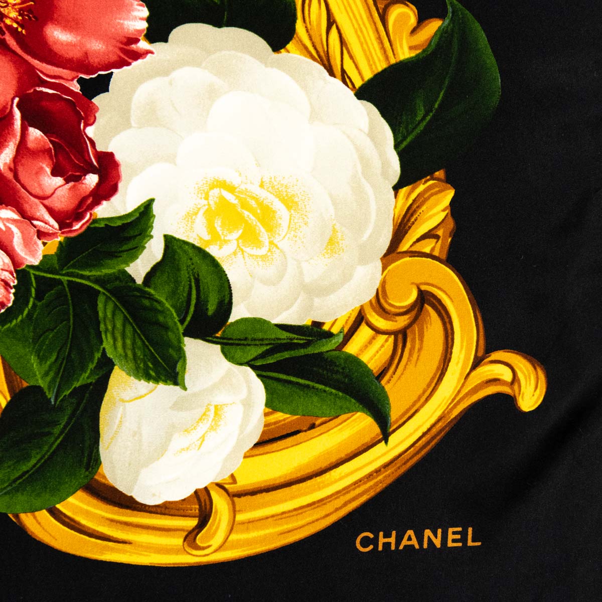 Chanel Black & Red Camellia Silk Floral Scarf