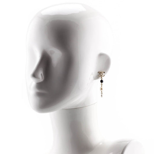 Chanel Gold Faux Pearl & Crystal Embellished CC Drop Earrings