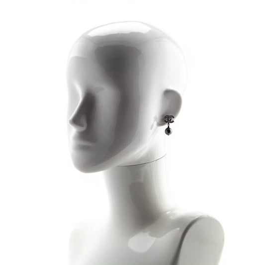 Chanel Gray Faux Pearl & Strass CC Drop Earrings