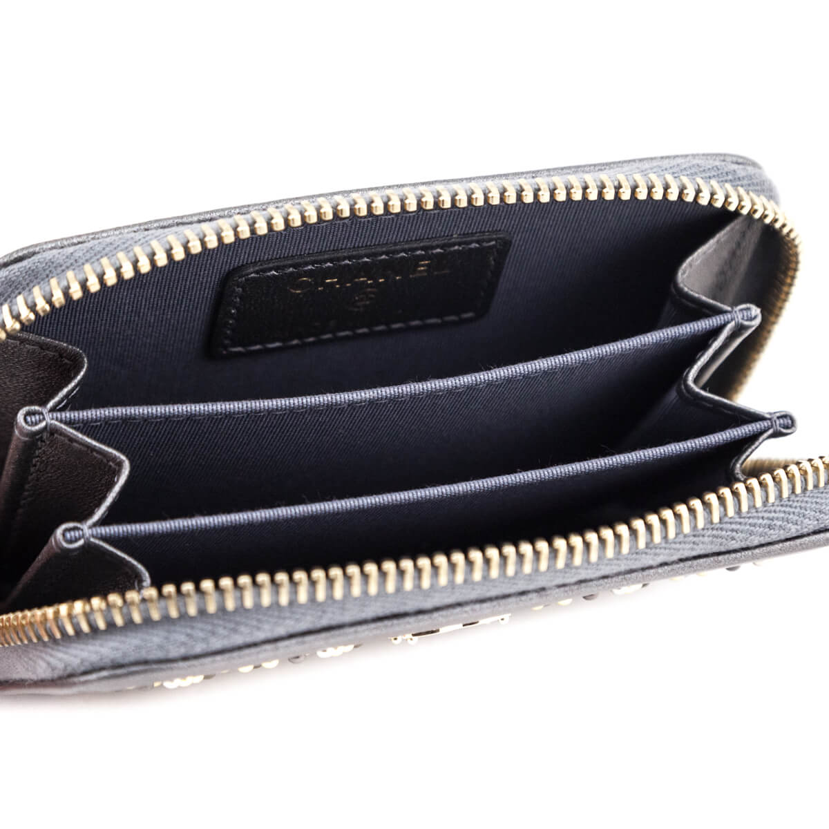 Chanel Metallic Gray Leather Studded Zip Coin Purse Wallet