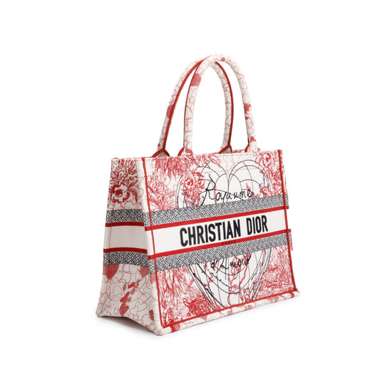 Christian Dior 2021 Red & White Royaume d'Amour Embroidery Medium Book Tote