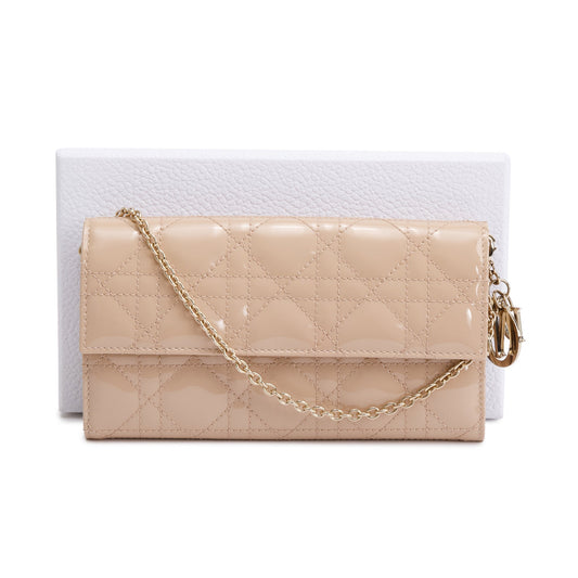 Christian Dior Beige Cannage Patent Leather Rendezvous Wallet on Chain