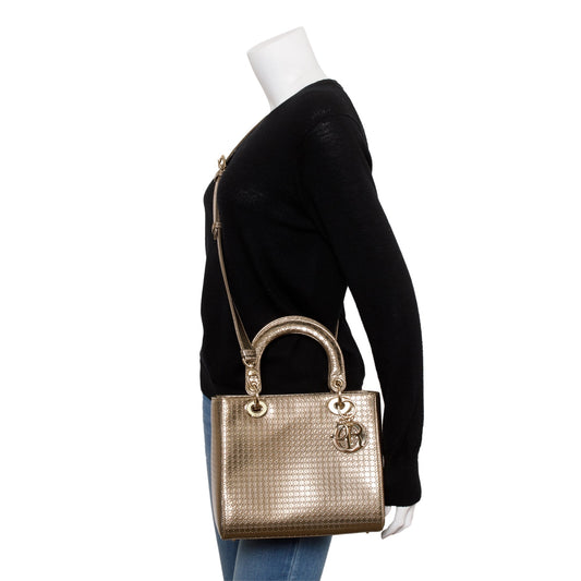 Christian Dior Gold Metallic Microcannage Patent Leather Medium Lady Dior Bag