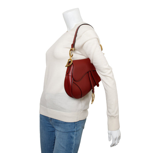 Christian Dior Red Grained Calfskin Leather Saddle Bag