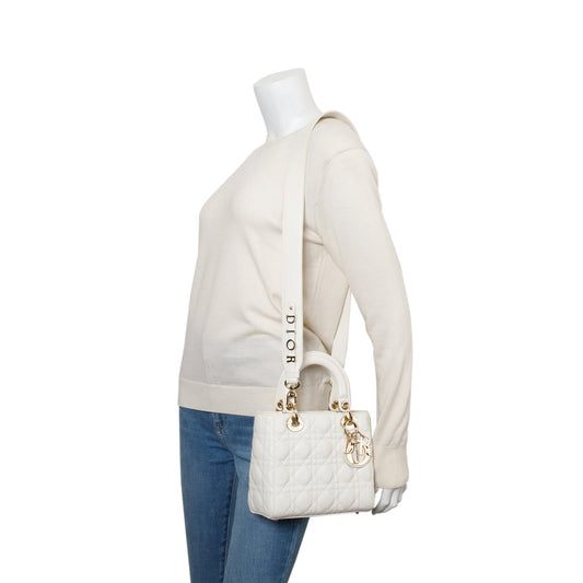 Christian Dior White Cannage Leather Small Lady Dior Bag