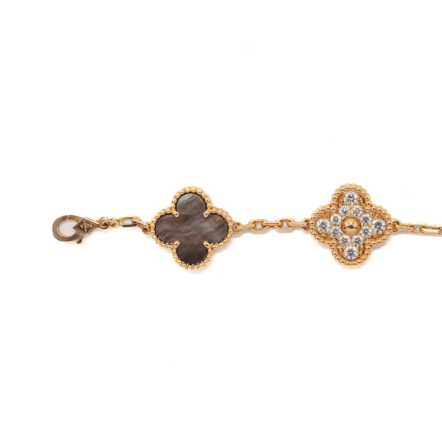 Van Cleef & Arpels Vintage Alhambra Bracelet, 5 Motifs Mother Of Pearl/Rose Gold, Diamonds