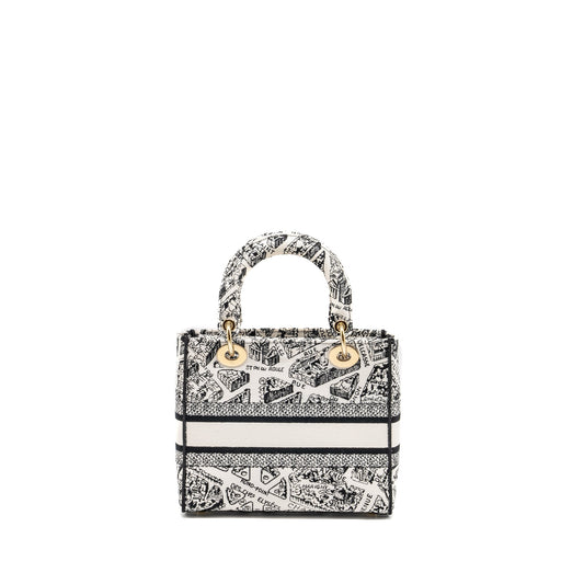 Luxury Dior Medium Lady D-lite Bag Plan De Paris Embroidery Canvas Black/White LGHW