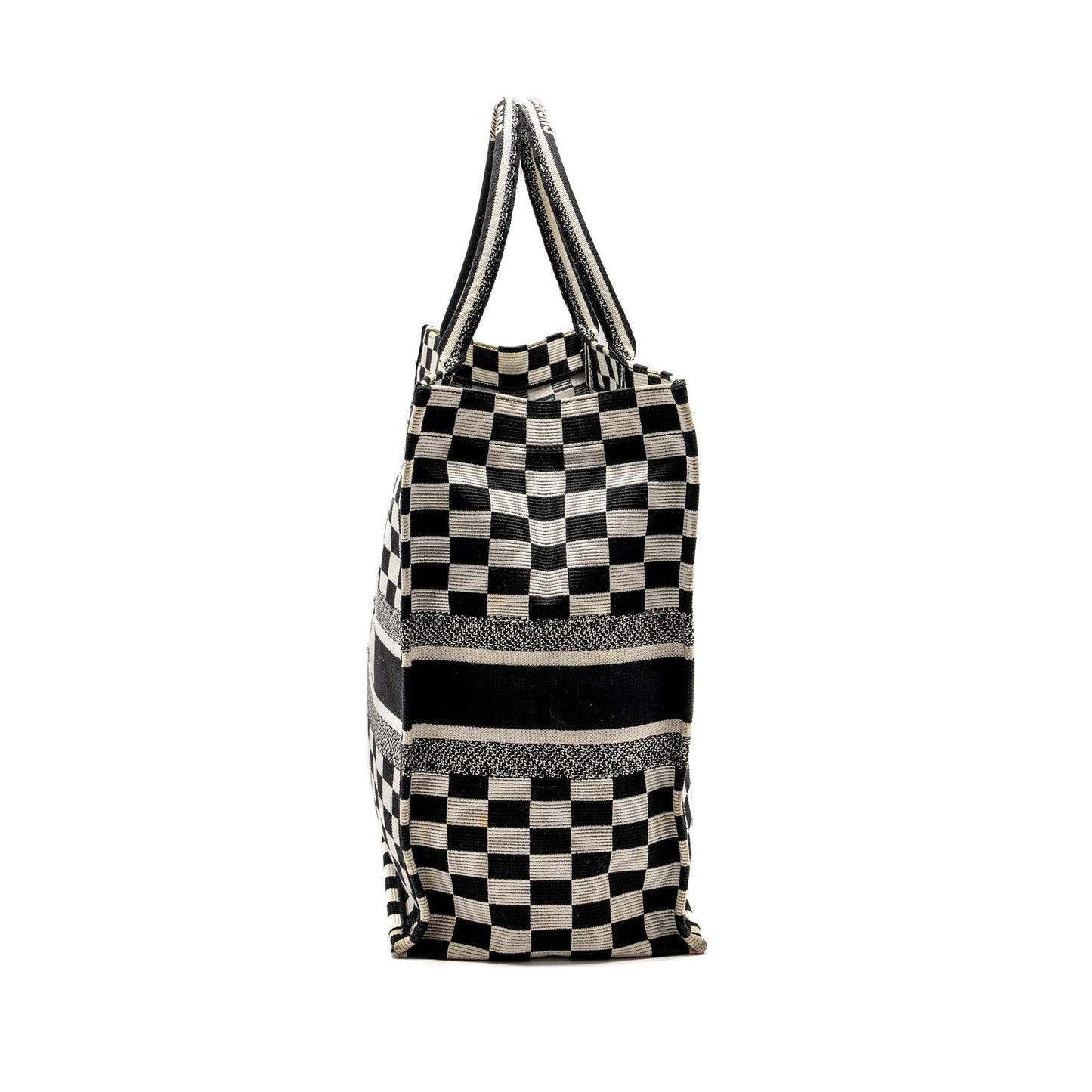 Luxury Dior Large Book Tote White Checkered Embroidered Canvas Black / White