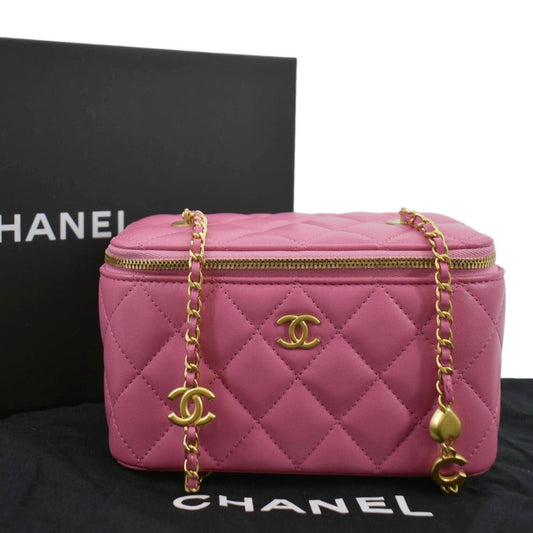 Luxury Chanel Enamel Coco Hearts Small Quilted Leather Crossbody Vanity Case Pink