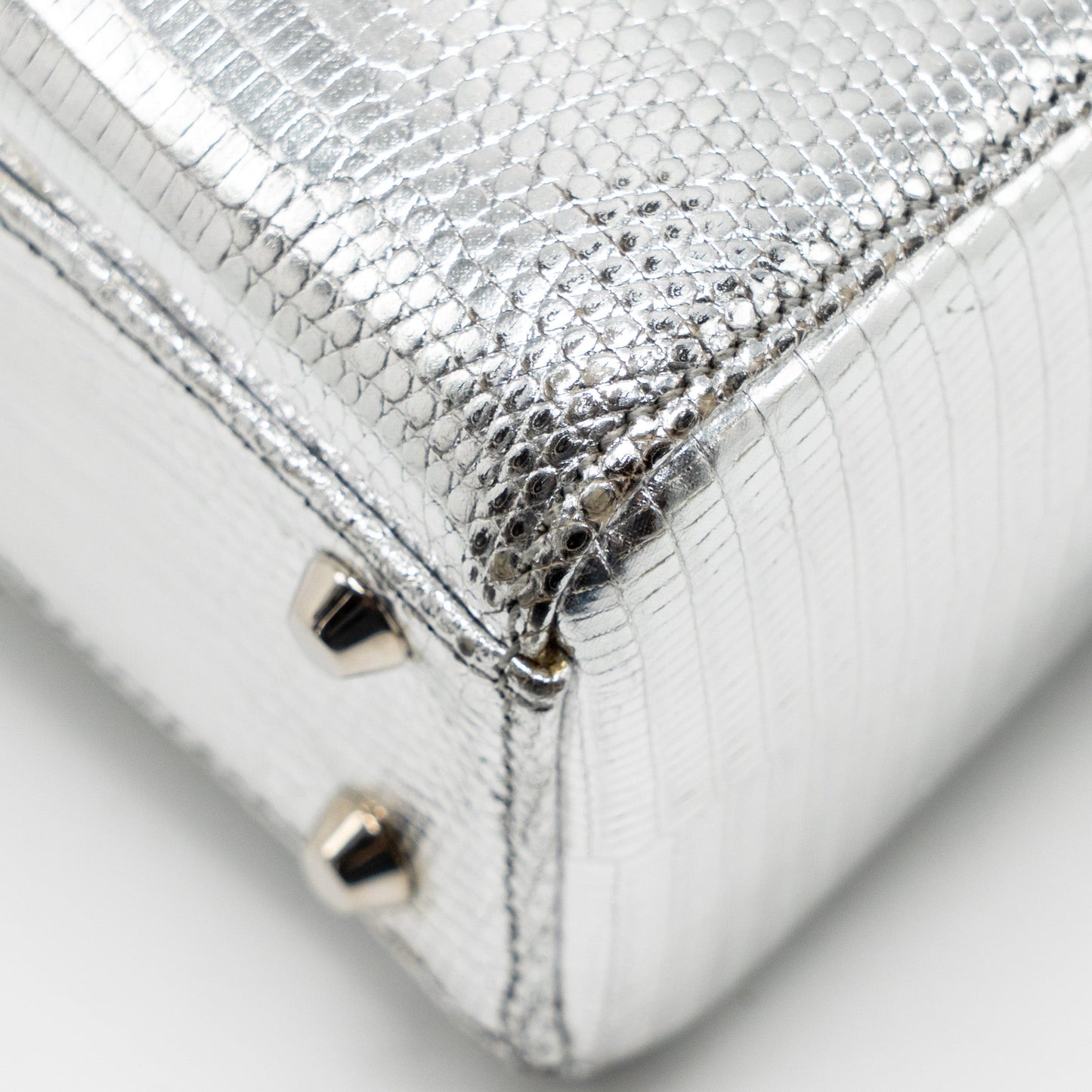 Dior Mini Lady Dior Flower Studded Metal Handle Lizard Silver SHW
