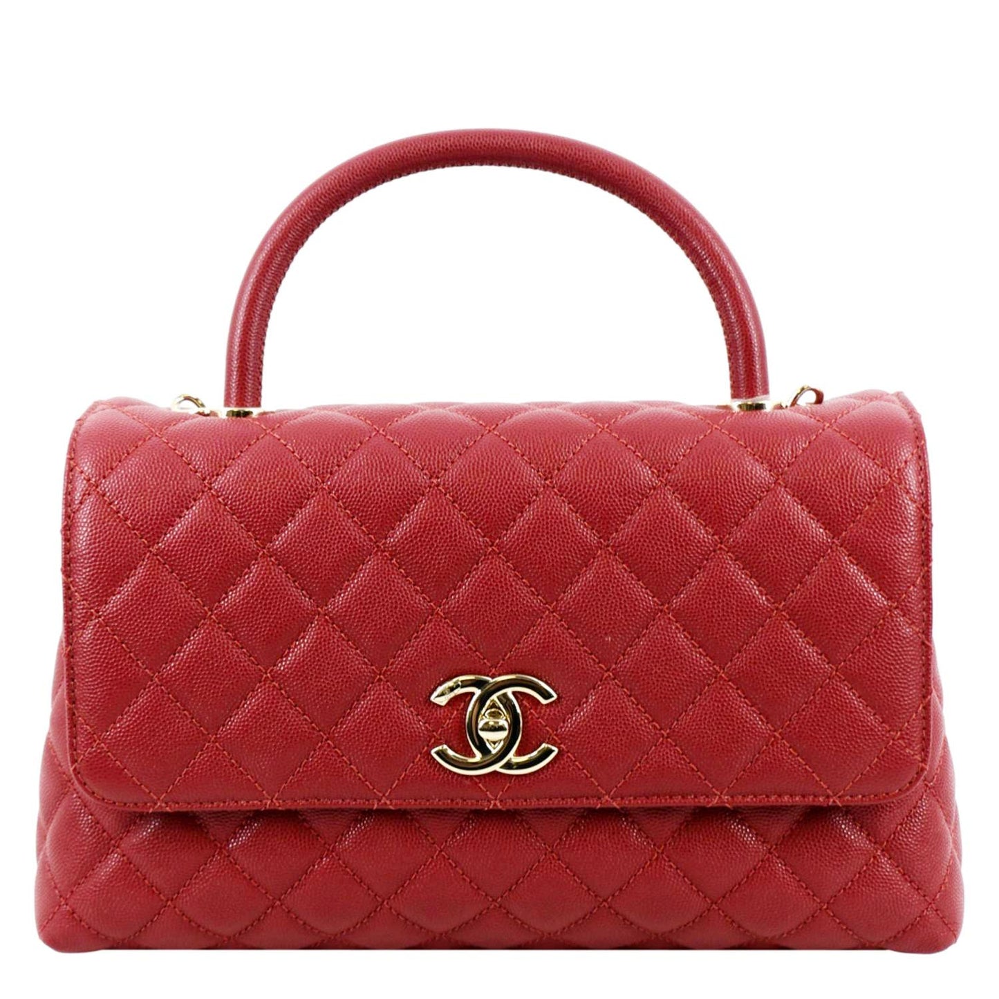 Luxury Chanel Medium Coco Quilted Caviar Leather Top Handle Shoulder Bag Red