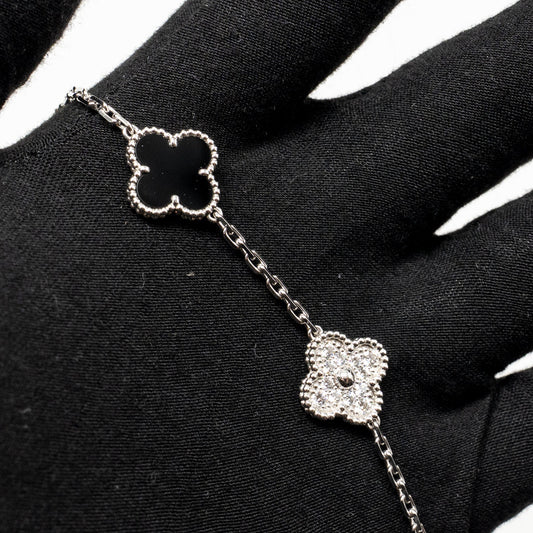 Van Cleef & Arpels Vintage Alhambra Bracelet, 5 Motifs, White Gold/Diamonds/Onyx