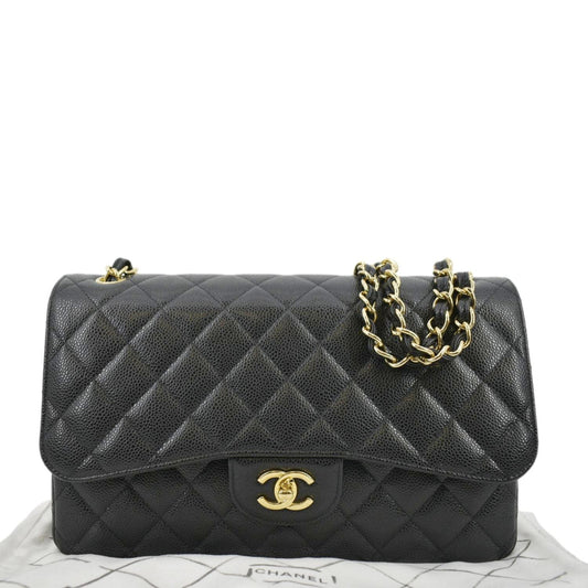CHANEL Classic Medium Double Flap Quilted Caviar Leather Crossbody Bag Black