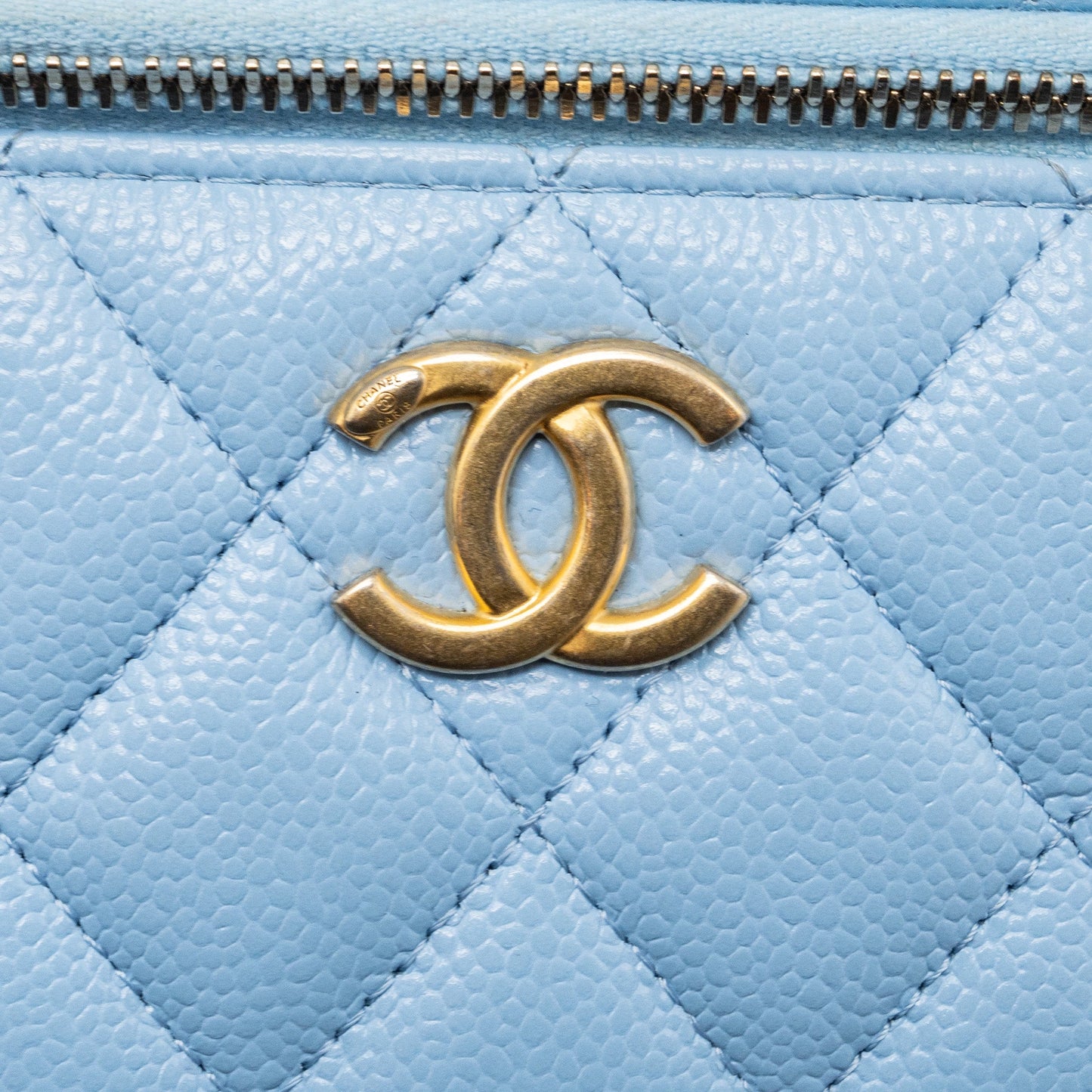 Chanel detailed top handle long vanity with chain caviar light blue GHW