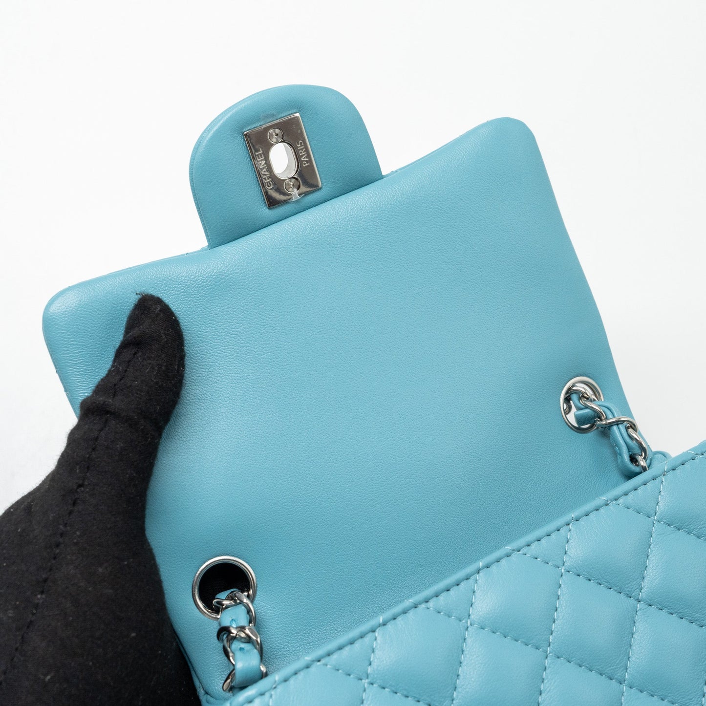 Chanel Mini Square flap bag lambskin Light Blue SHW (microchip)