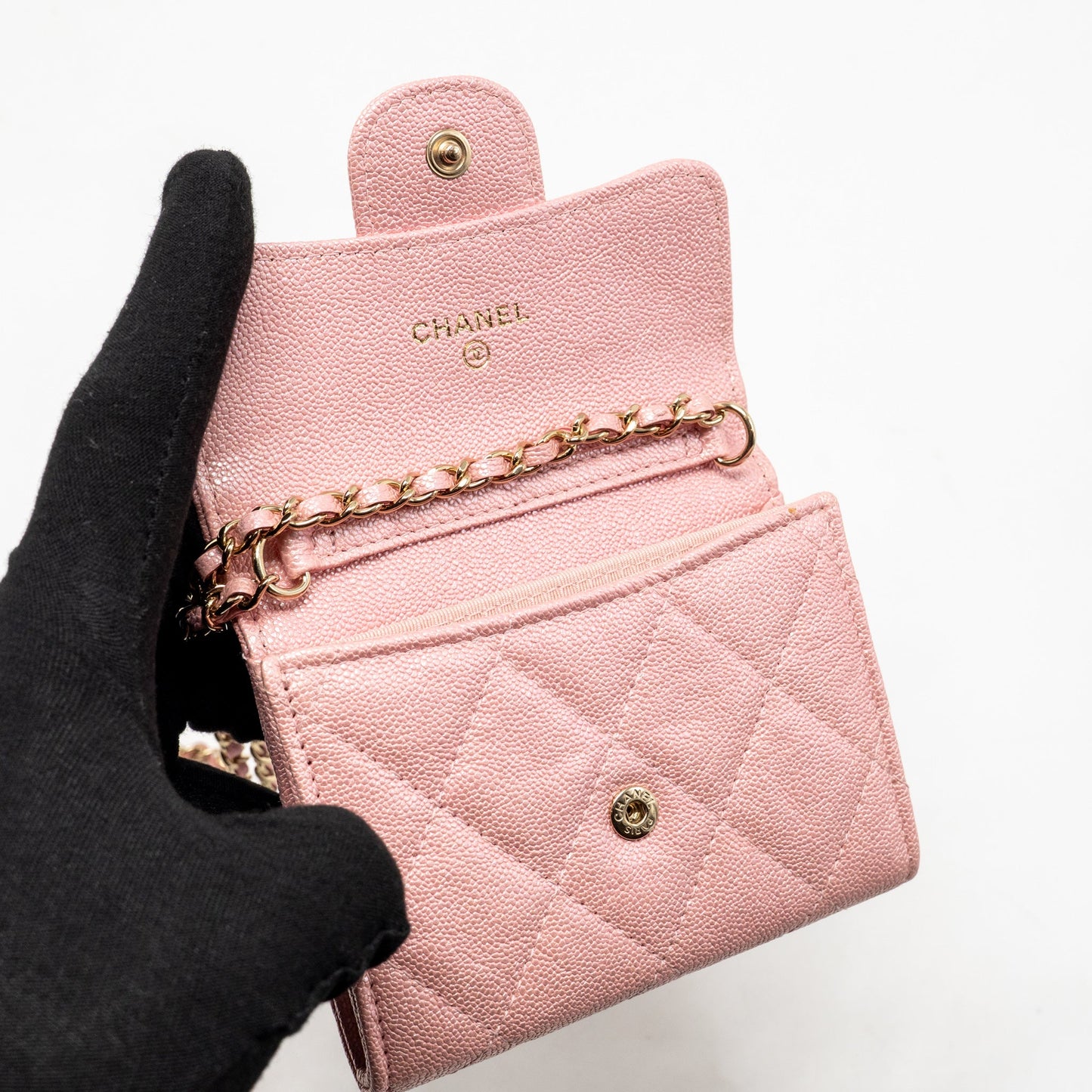 Chanel Quilted flap card holder with chain caviar pink LGHW