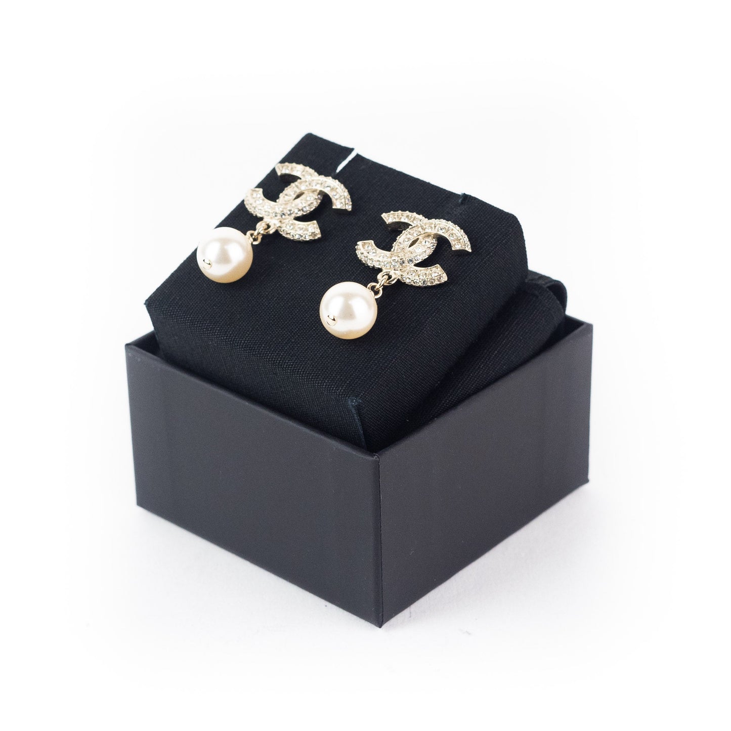 Chanel Gold Metal and Pearly White Crystal Earrings
