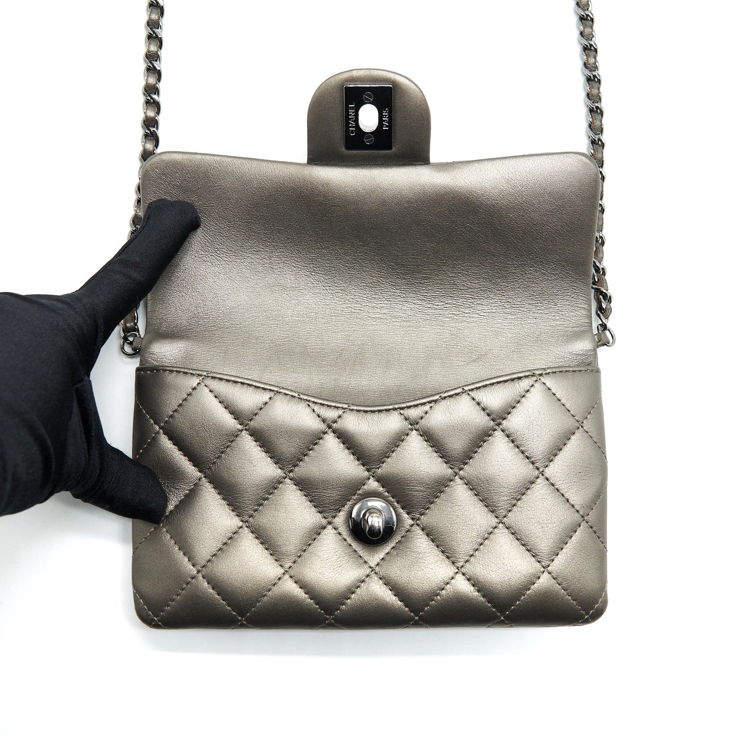 Chanel Flap And Zippy Mini Pouch With Chain Lambskin Metallic Brownish Grey With Dark Grey Hardware