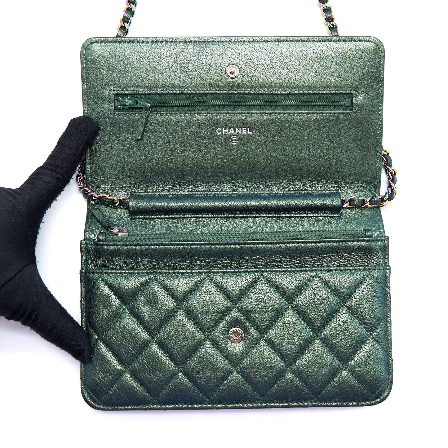 Chanel Classic Wallet on Chain Goatskin Iridescent Green Rainbow Hardware