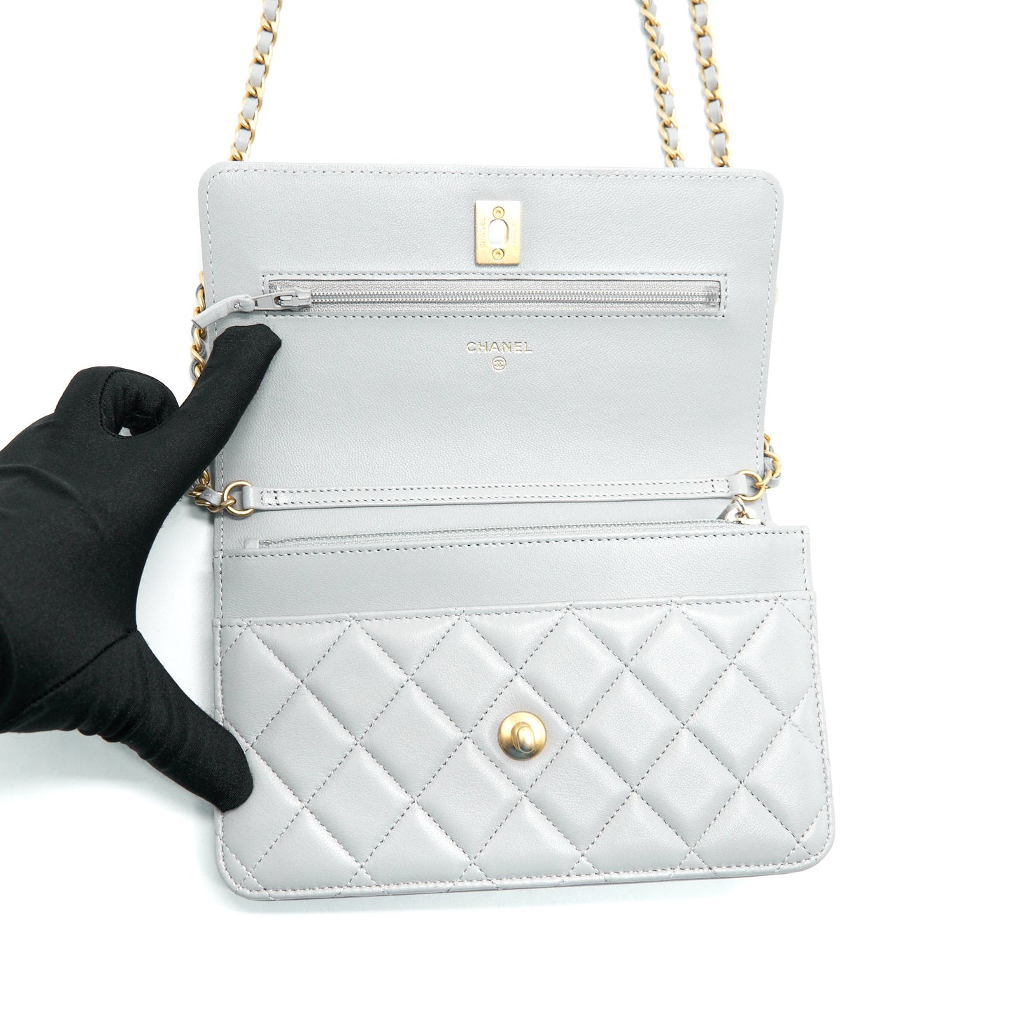 Chanel Pearl Crush Wallet On Chain Lambskin Grey GHW (Microchip)