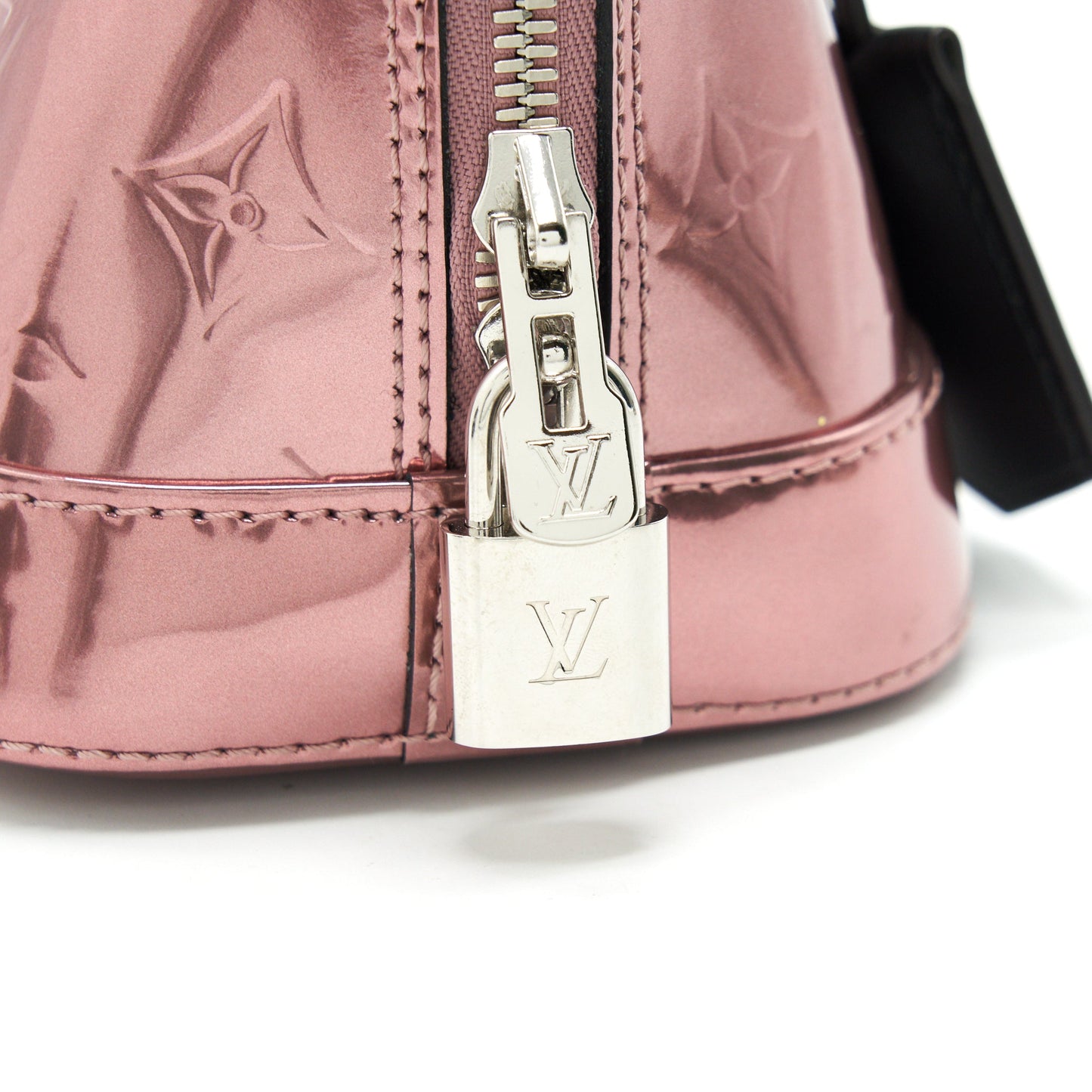 LOUIS VUITTON ALMA BB PATENT LEATHER METALLIC PINK WITH BLACK HANDLE SHW