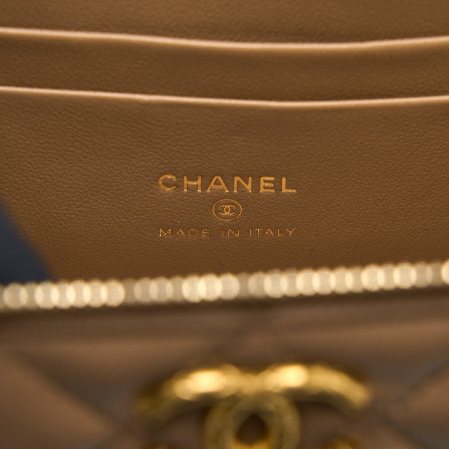 Chanel 22K Gold Pillar Adjustable Chain Long Vanity Lambskin Beige Brushed GHW (Microchip)