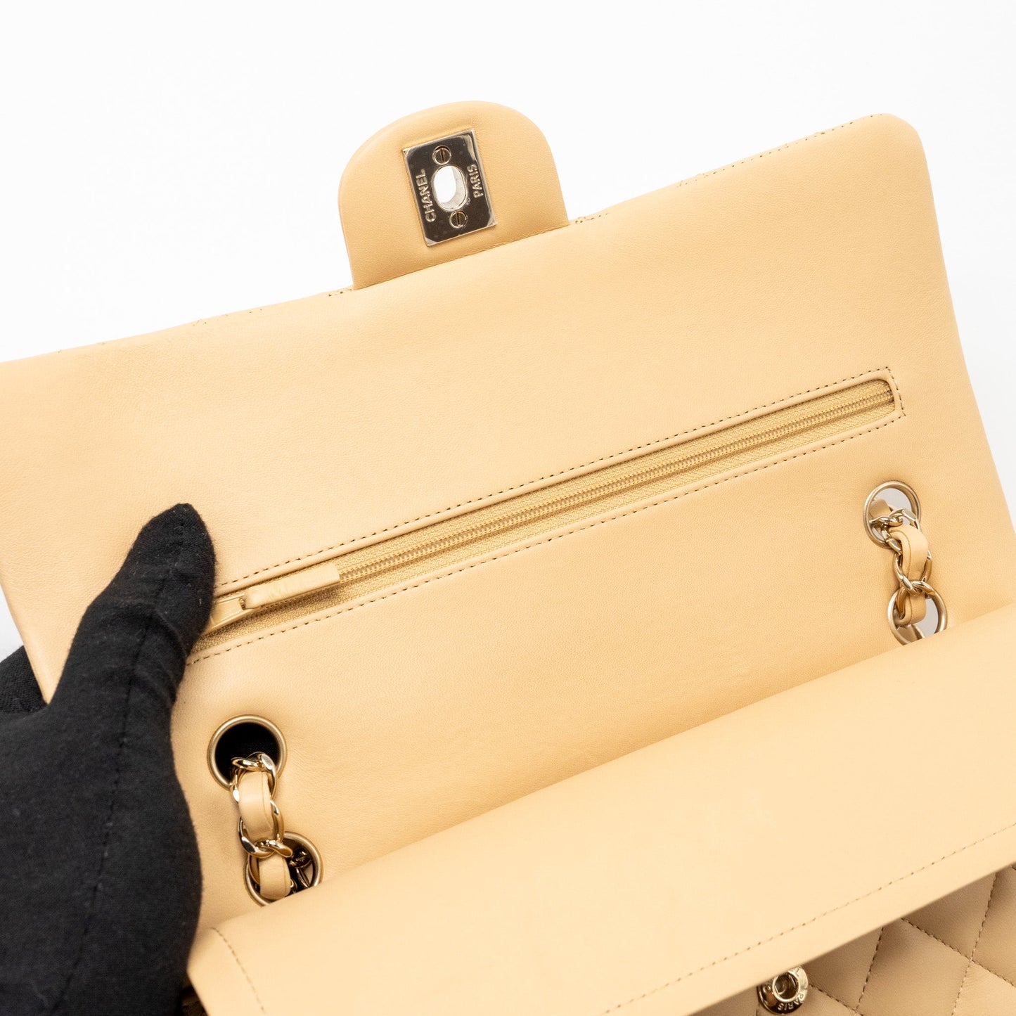 Chanel Medium Classic Double Flap Bag Lambskin Beige LGHW (Microchip)