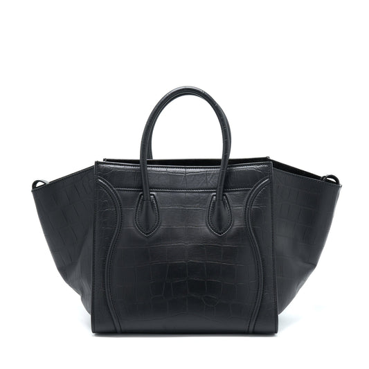Celine Large Phantom Luggage Bag Croc-Embossed Calfskin Black