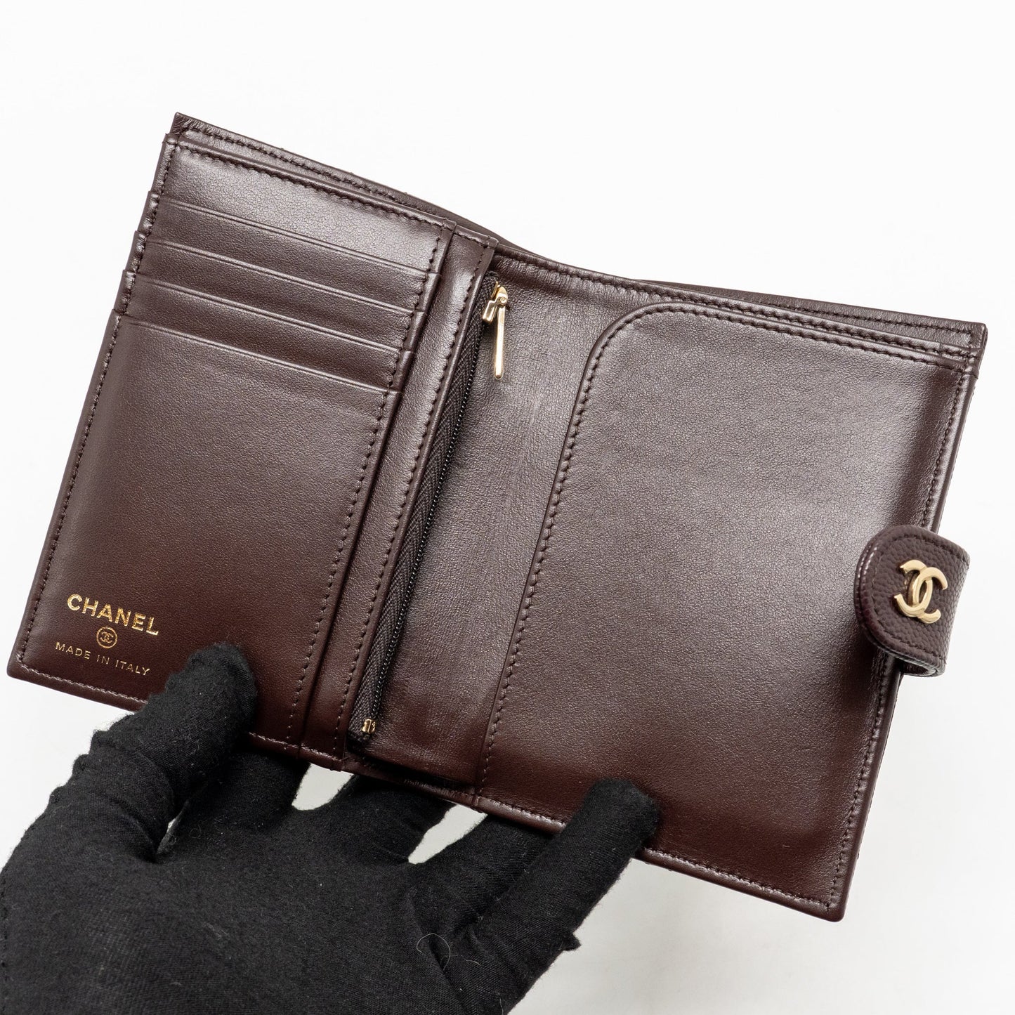 Chanel Quilted Travel Passport Holder Shiny Grained Calfskin Dark Brown LGHW (Microchip)