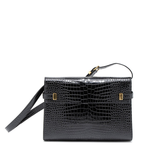 Saint Laurent Manhattan Shoulder Bag Crocodile-Embossed Black GHW