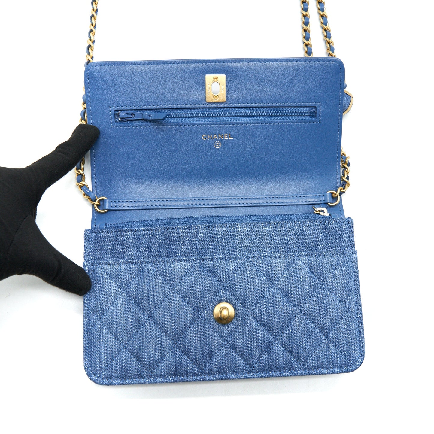 Chanel 22C Pearl Crush Wallet On Chain Denim GHW
