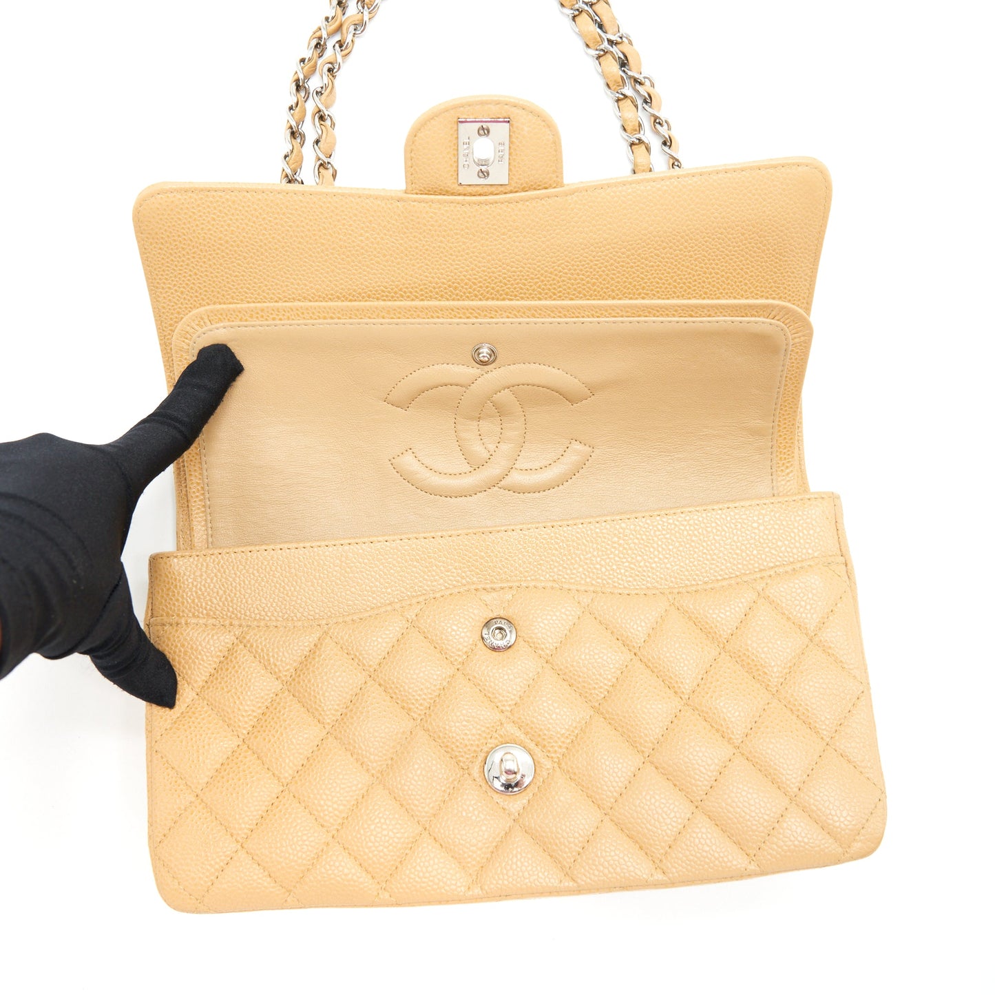 Chanel Medium Classic Double Flap Bag Caviar Dark Beige SHW