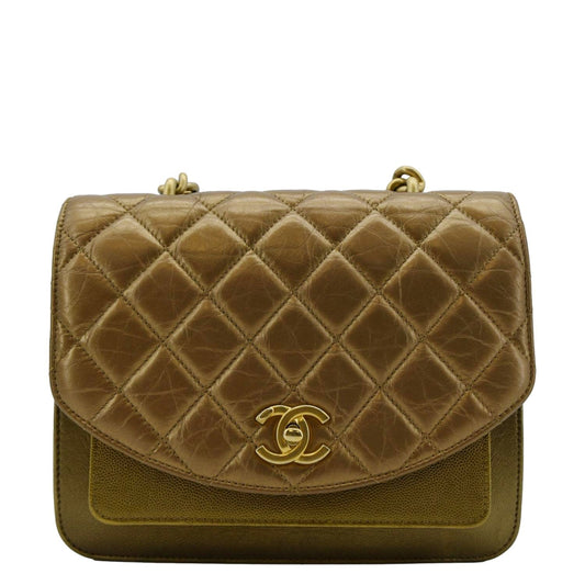 CHANEL Chain Handle Flap Quilted Metallic Calfskin Caviar Crossbody Bag Chrome