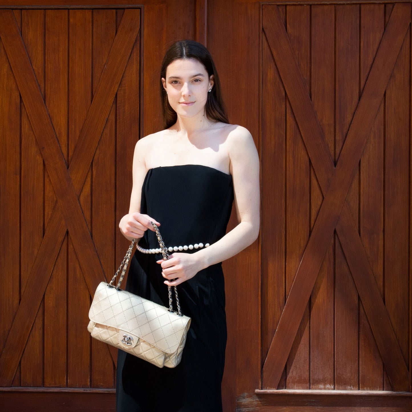 Chanel Black Stretch Pearl-Embellished Strapless Dress Size S | FR 38