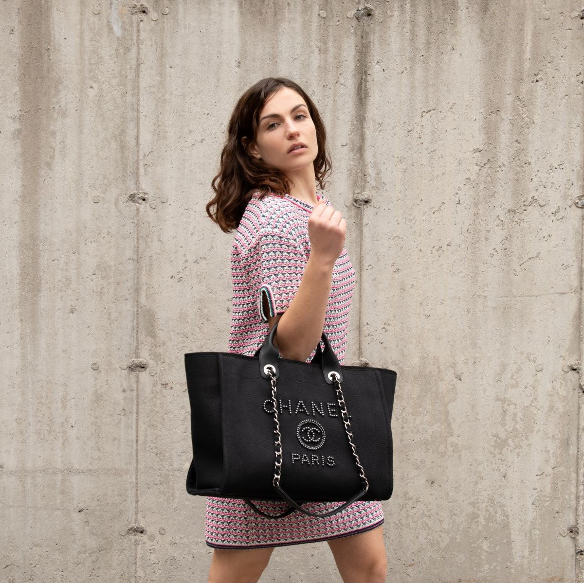 Chanel Pink & White Knit Mini Sleeve Dress Size M | FR 40