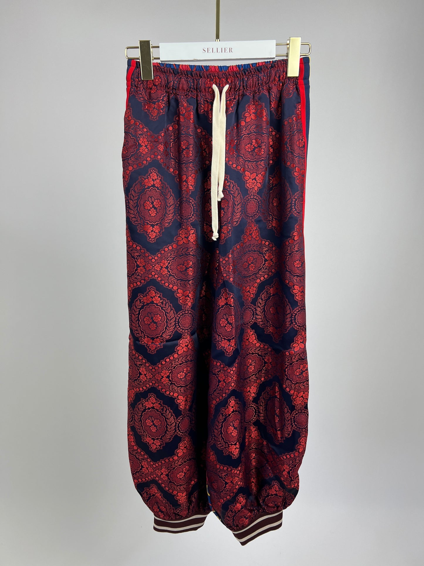 Luxury Gucci Red and Blue Silk GG & Floral Jacquard Trousers Size XXS (UK 4)